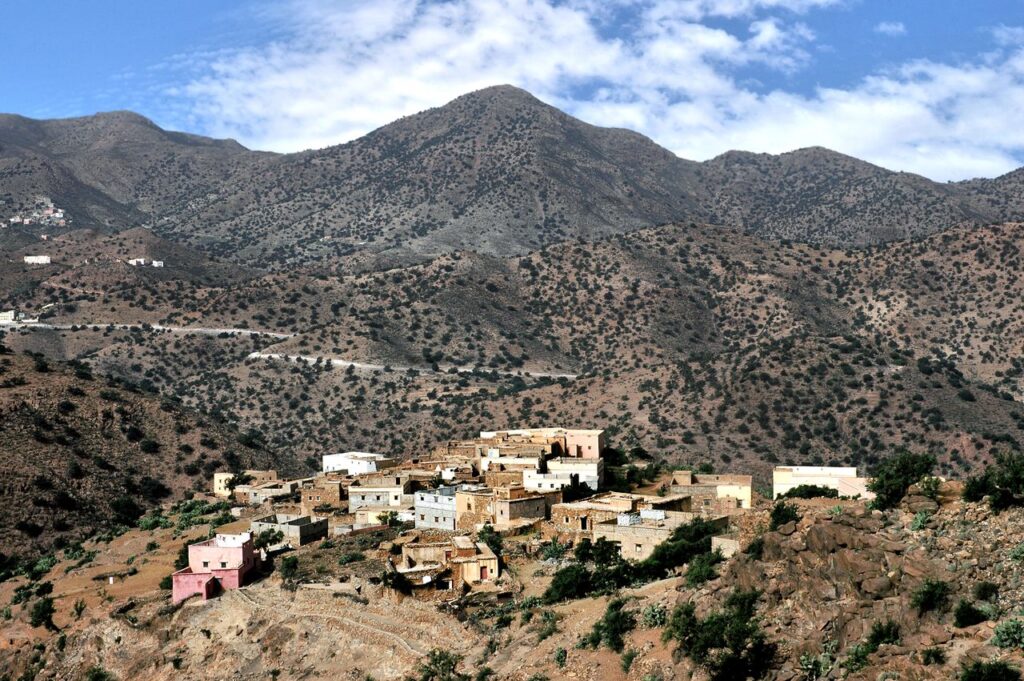 Scenic view of a village in the Atlas Mountains, Tafraoute, Morocco.